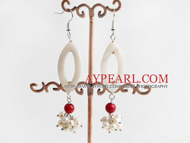 Fashion Cluster White Freshwater Pearl And Eye Shape Shell Round Coral Dangle Earrings