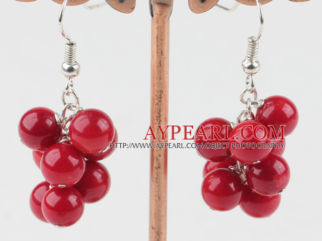 Fashion Cluster Style 6Mm Round Red Coral Loop Chain Dangle Earrings With Fish Hook