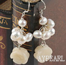 Fashion Cluster Style White Freshwater Pearl And Yellow Flower Jade Dangle Earrings