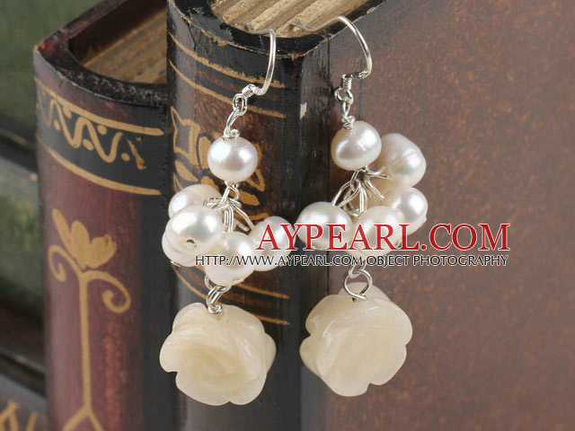Fashion Cluster Style White Freshwater Pearl And Yellow Flower Jade Dangle Earrings