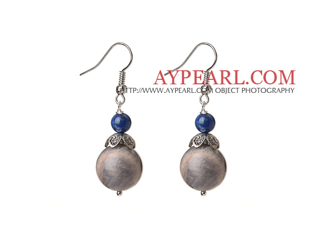 Vintage gris boule Moonstone Et Lapis perle Boucles d'oreilles avec des pétales d'argent de forme Tibet