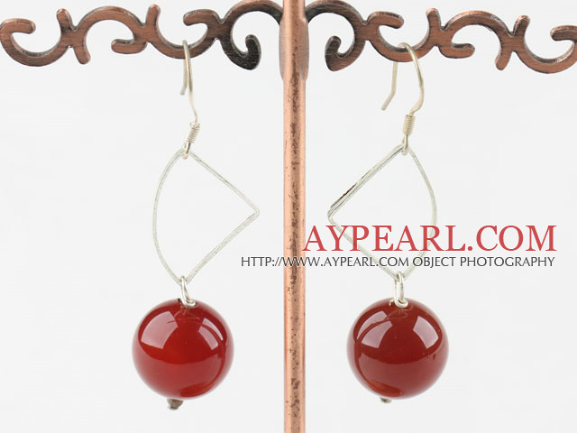 Nice Faceted 14Mm Round Red Agate Ball Loop Dangle Earrings With Fish Hook