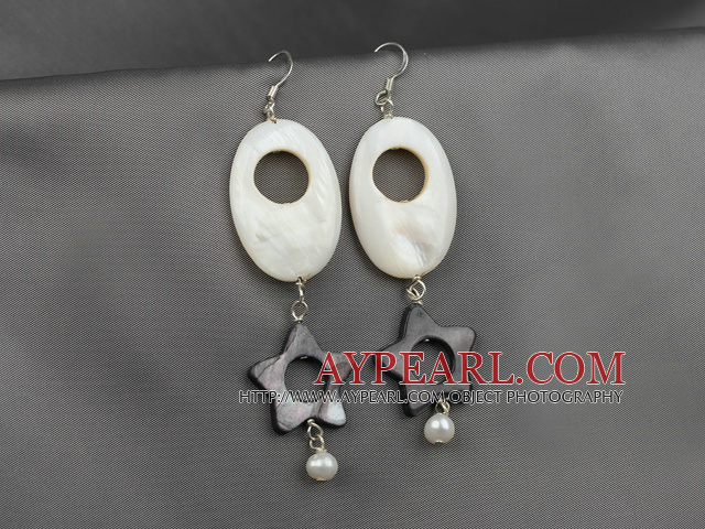 Lovely White And Black Hollow Star Shape Shell And White Pearl Dangle Earrings