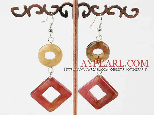 Elegant Donut And Hollow Square Three Color Jade Dangle Earrings With Fish Hook
