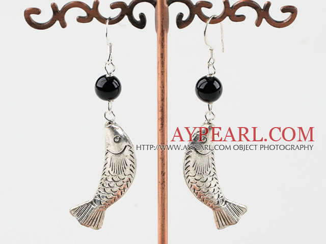 Lovely Black Agate Ball And Beautiful Tibet Silver Fish Finding Dangle Earrings