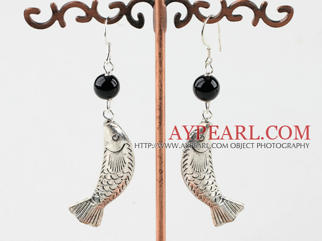 agate noire et de bancs de poissons boucles d'oreilles