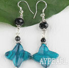 Lovely Black Crystal And Blue Flower Stone Dangle Earrings With Fish Hook