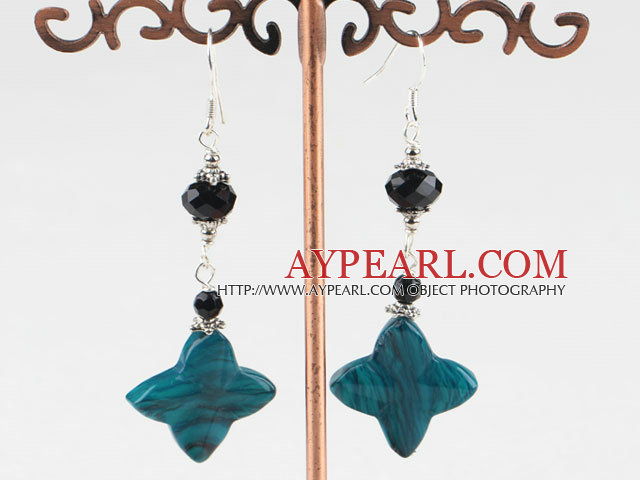 Lovely Black Crystal And Blue Flower Stone Dangle Earrings With Fish Hook