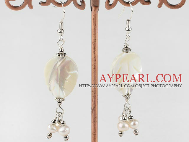 Beautiful White Freshwater Pearl And White Leaf Shape Lip Shell Dangle Earrings