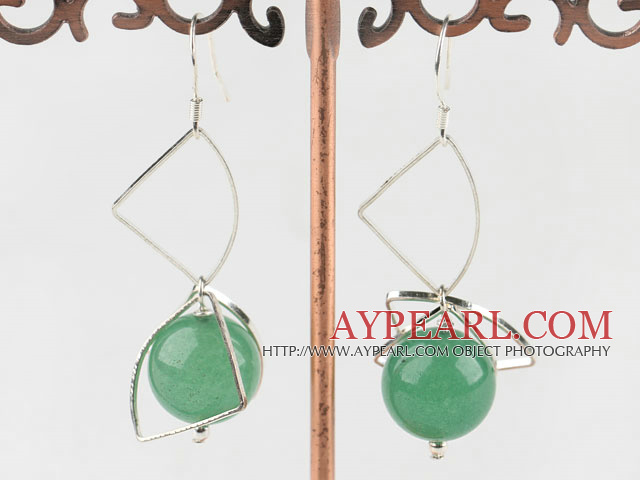 Wonderful Green Round Aventurine Fan-Shape Metal Charm Dangle Earrings