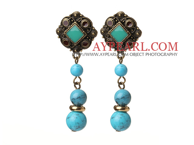 Vintage Tibetan Style Round Blue Turquoise Beads Earrings