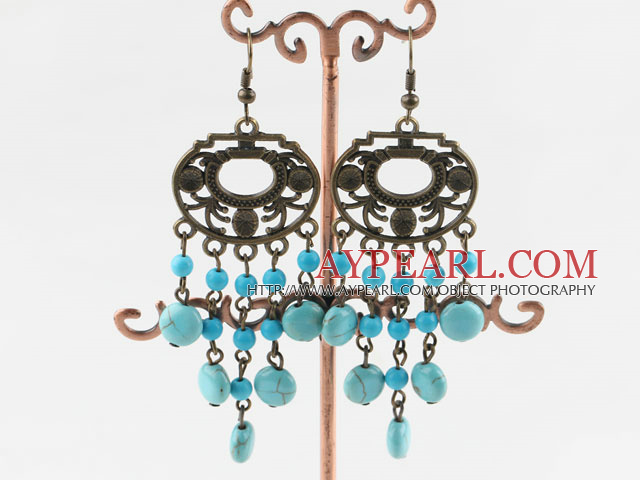 Fashion Vintage Style Chandelier Blue Round Turquoise Dangle Earrings With Bronze Metal Charm