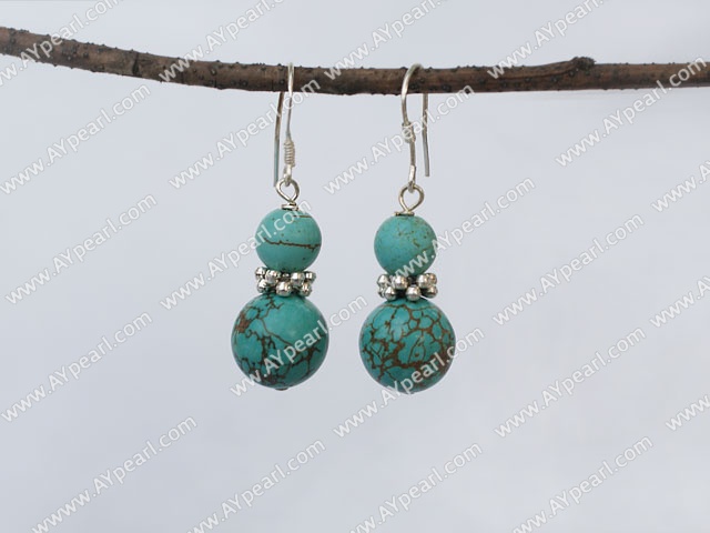 Fashion Round Blue Turquoise Ball And Metal Charm Dangle Earrings With Fish Hook