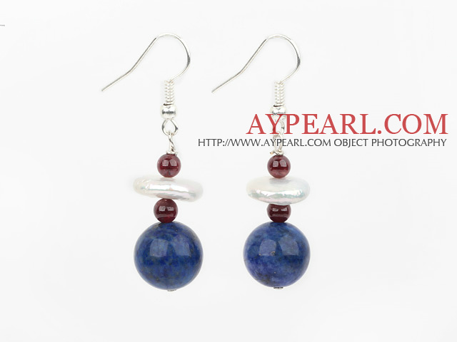 Fashion White Coin Pearl Garnet And Round Lapis Dangle Earrings With Fish Hook