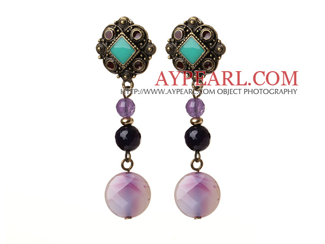 Vintage Style Ρόμβος Shpe Θιβέτ Silver Black And Purple Agate θαυμαστής σκουλαρίκια