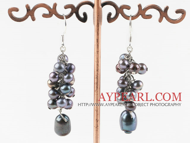 Fashion Cluster Style Black Freshwater Pearl Loop Chain Dangle Earrings With Fish Hook