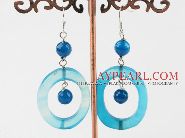 Fashion Round And Donut Loop Blue Agate Dangle Earrings With Fish Hook