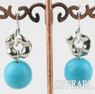 Simple Style Round 14Mm Blue Turquoise And Hollow Metal Charm Earrings With Ear Hoops