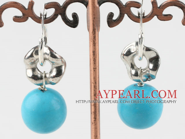 Simple Style Round 14Mm Blue Turquoise And Hollow Metal Charm Earrings With Ear Hoops