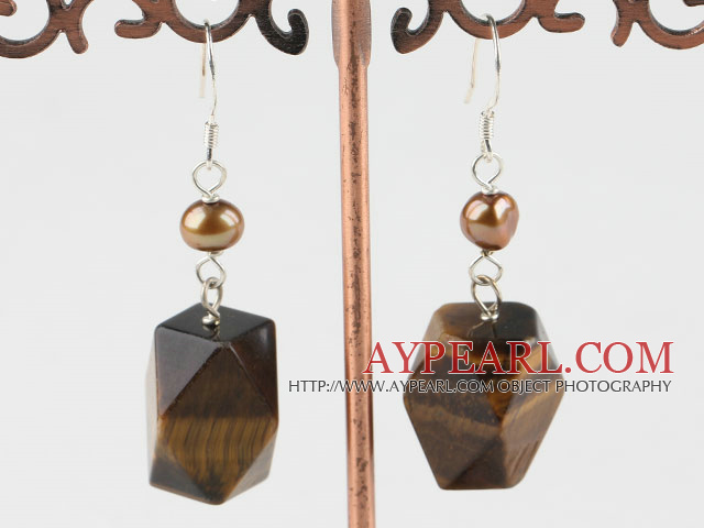 Nice Brown Freshwater Pearl And Irregular Tiger Eye Dangle Earrings