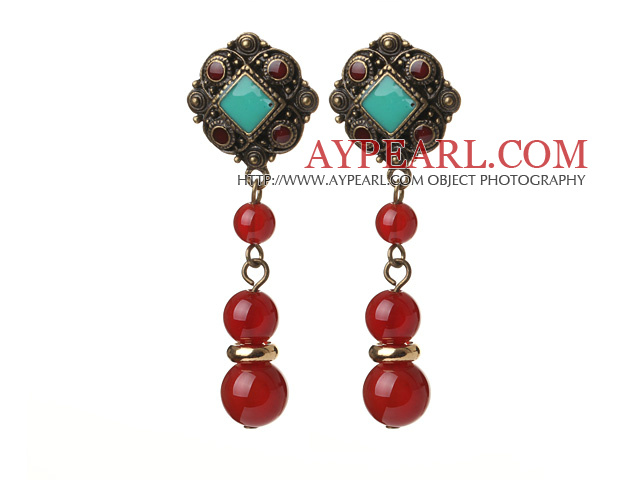 Rond rouge Agate style tibétain Vintage Boucles d'oreilles perles