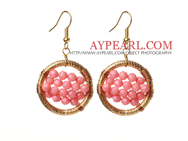 Amazing Style Faceted Pink Coral Beads Earrings With Big Golden Color Hoop