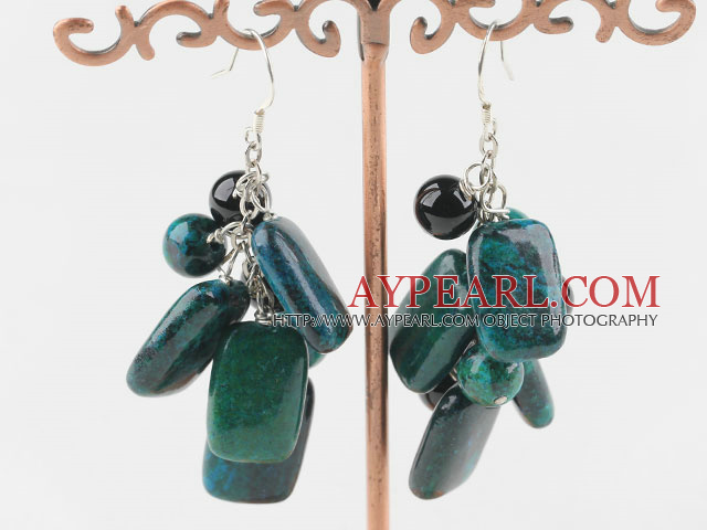 Lovely Black Round Agate And Rectangle Phoenix Stone Cluster Earrings