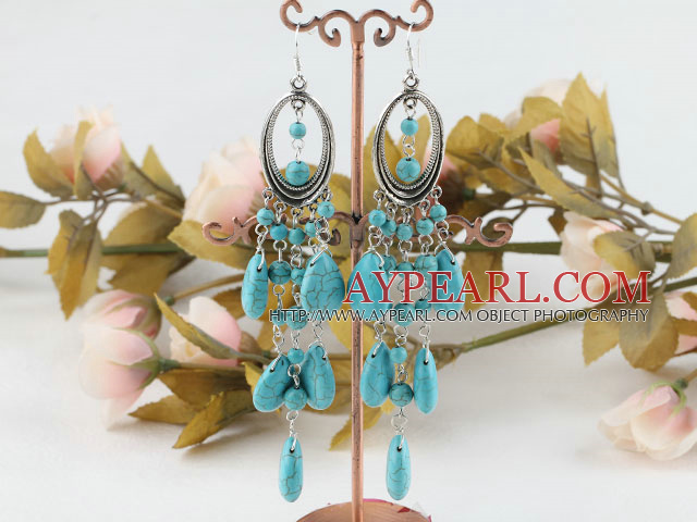 Nice Long Style Round And Teardrop Burst Pattern Blue Turquoise Dangle Earrings With Loop Charm