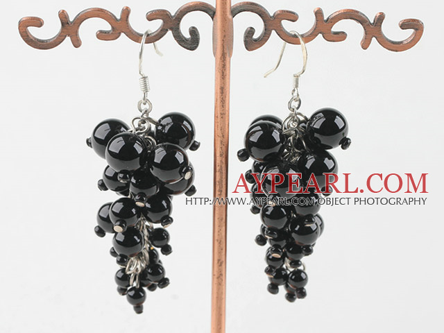 Cluster Style Round Black Agate Ball Loop Chain Dangle Earrings With Fish Hook