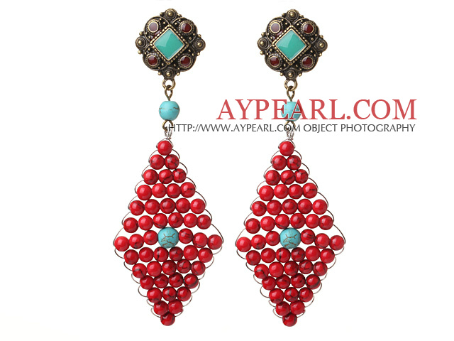 Trendy Special Rhombus Shape Red Bloodstone Beads And Turquoise Wire Wrapped Earrings With Tibetan Accessory