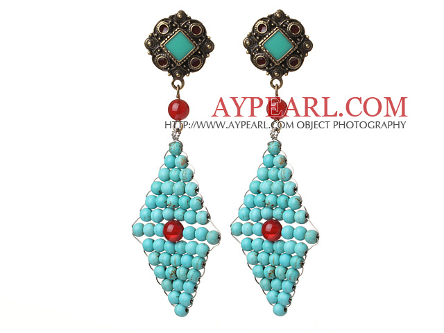 Trendy Forme losange spécial bleu turquoise perles et rouge Agate fil enroulé Boucles d'oreilles Avec des accessoires en tibétain