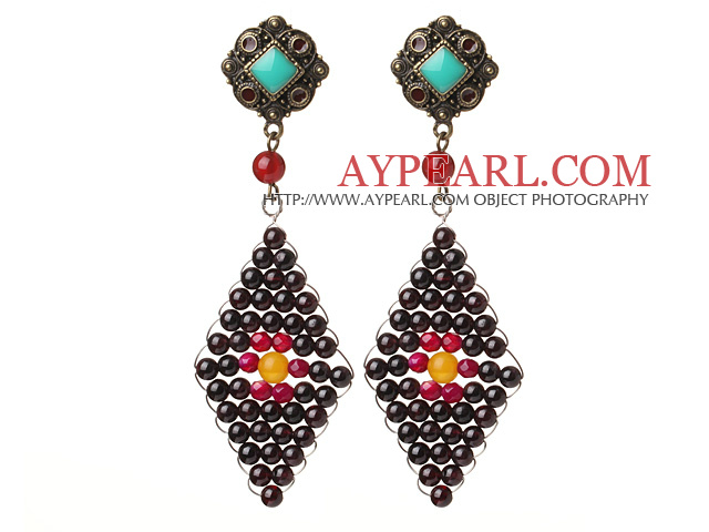 Trendy Special Rhombus Shape Garnet Beads And Red Agate Wire Wrapped Earrings With Tibetan Accessory