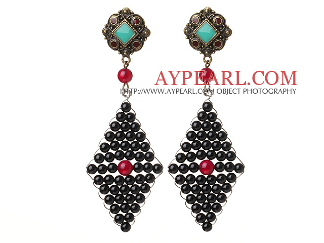 Trendig Special Rhombus Shape svart agat pärlor Wire Wrapped örhängen med tibetanska tillbehör