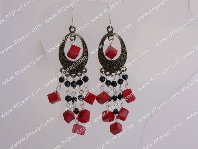 Vintage Long Chain Loop Style Black Crystal And Red Cubic Coral Dangle Earrings