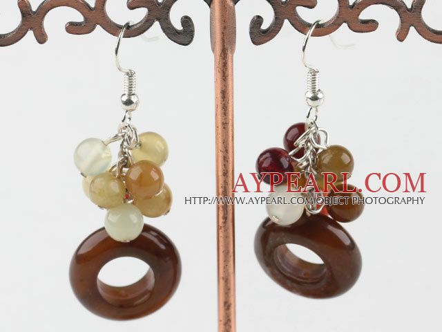 Fashion Cluster Style Round And Donut Shape Three Color Jade Dangle Earrings