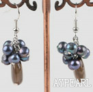 Lovely Cluster Black Freshwater Pearl And Smoky Quartz Dangle Earrings