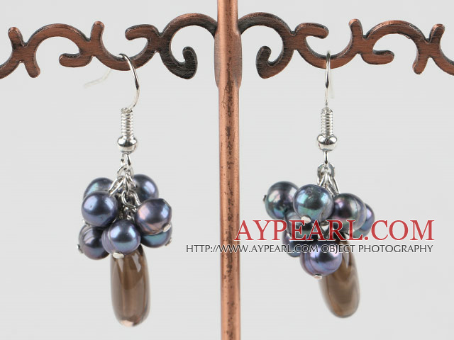 Lovely Cluster Black Freshwater Pearl And Smoky Quartz Dangle Earrings