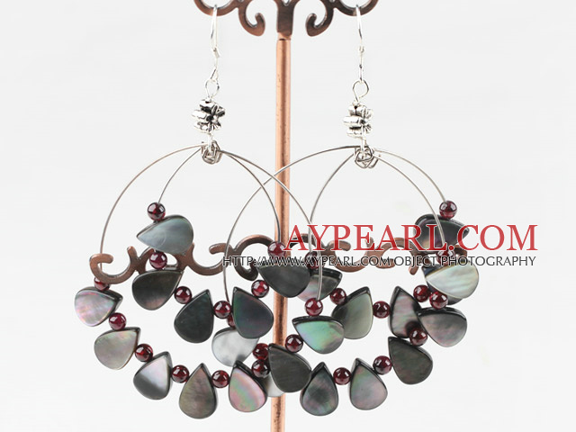 Large Diameter Red Round Garnet And Nut Shape Black Lip Shell Dangle Earrings