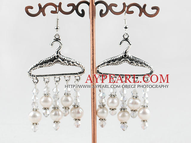 hanger style white pearl and crystal earrings