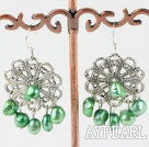 Lovely Dyed Green Freshwater Pearl And Large Flower Metal Charm Earrings