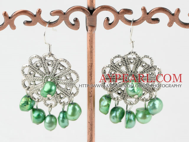 Lovely Dyed Green Freshwater Pearl And Large Flower Metal Charm Earrings