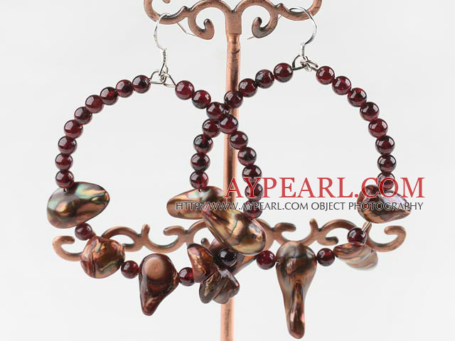 Elegant Large Diameter Round Garnet And Dyed Blister Teeth Pearl Loop Dangle Earrings