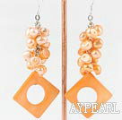 Wonderful Cluster Style Orange Yellow Series Freshwater Pearl And Hollow Rhombus Shape Shell Dangle Earrings