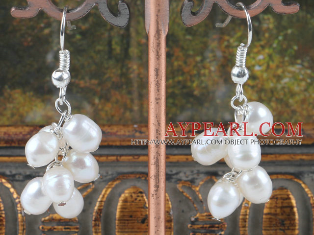 Elegant Potato Shape White Freshwater Pearl Cluster Dangle Earrings With Fish Hook