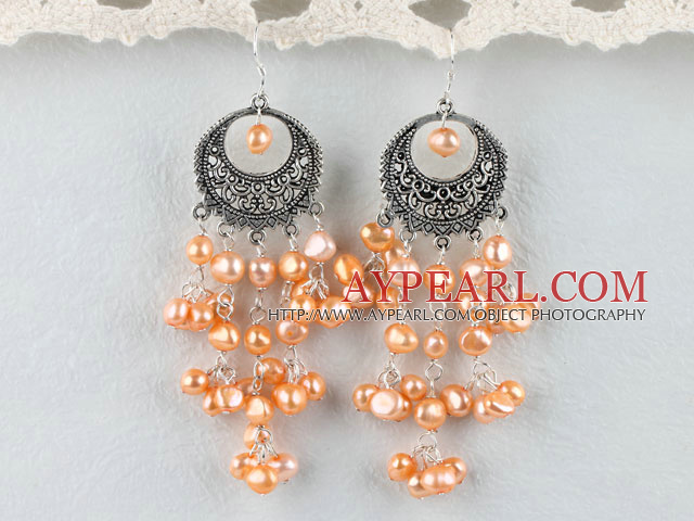 Long Style Vintage Orange Yellow Freshwater Pearl Dangle Earrings With Loop Engraved Metal Charm