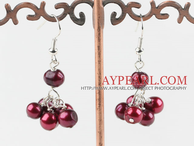 Cute Dyed Red Freshwater Pearl Cluster Loop Dangle Earrings With Fish Hook