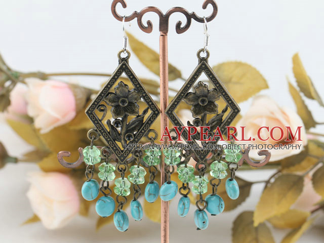 Vintage Style Blued Turquoise And Green Crystal Loop Dangle Earrings With Beautiful Copper Flower Charm