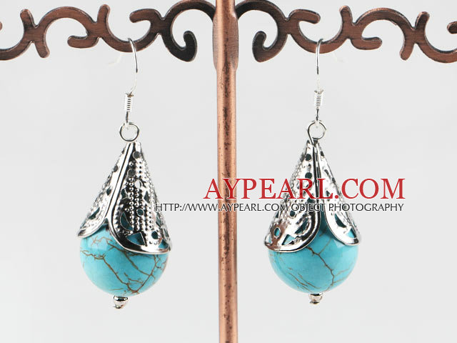 Boucles d'oreilles boule turquoise avec le Tibet d'argent de la PAC