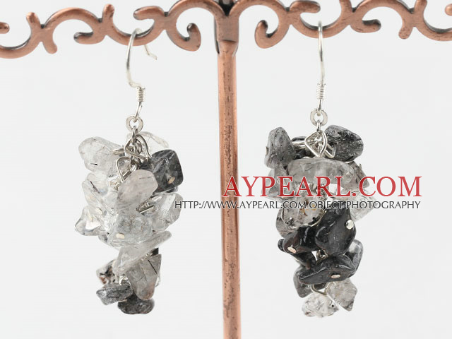 Lovely Black And Gray Rutilated Quartz Chipped Cluster Dangle Earrings With Fish Hook