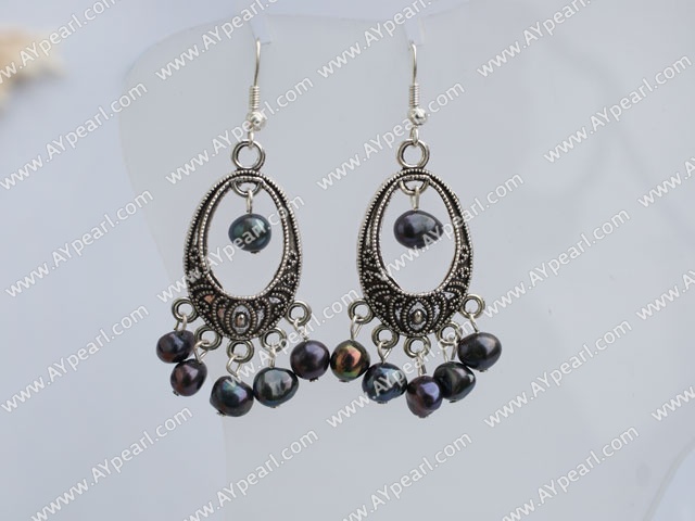 6-7Mm Popular Vintage Black Freshwater Pearl Looped Dangle Earrings 